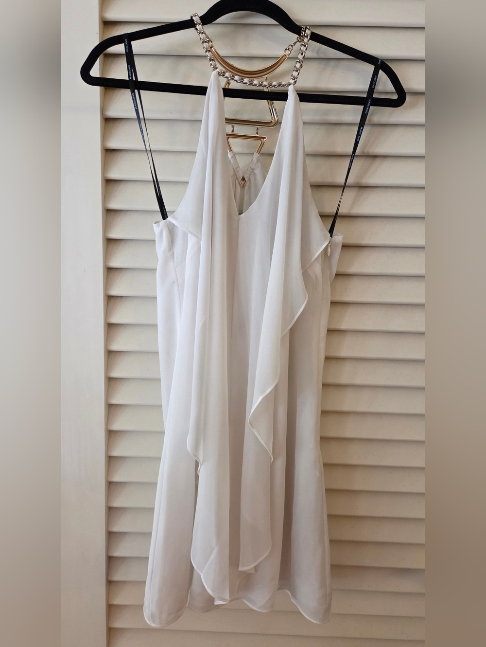 Marciano Cascade Ruffle Front Slip Dress White Gold Metal Racerback Lined MEDIUM